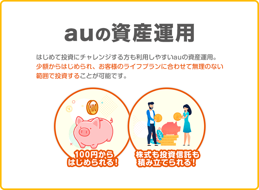 auの資産運用は、はじめて投資にチャレンジする方も利用しやすいよう少額からはじめられ、お客様のライフプランに合わせて無理のない範囲で投資することが可能です。