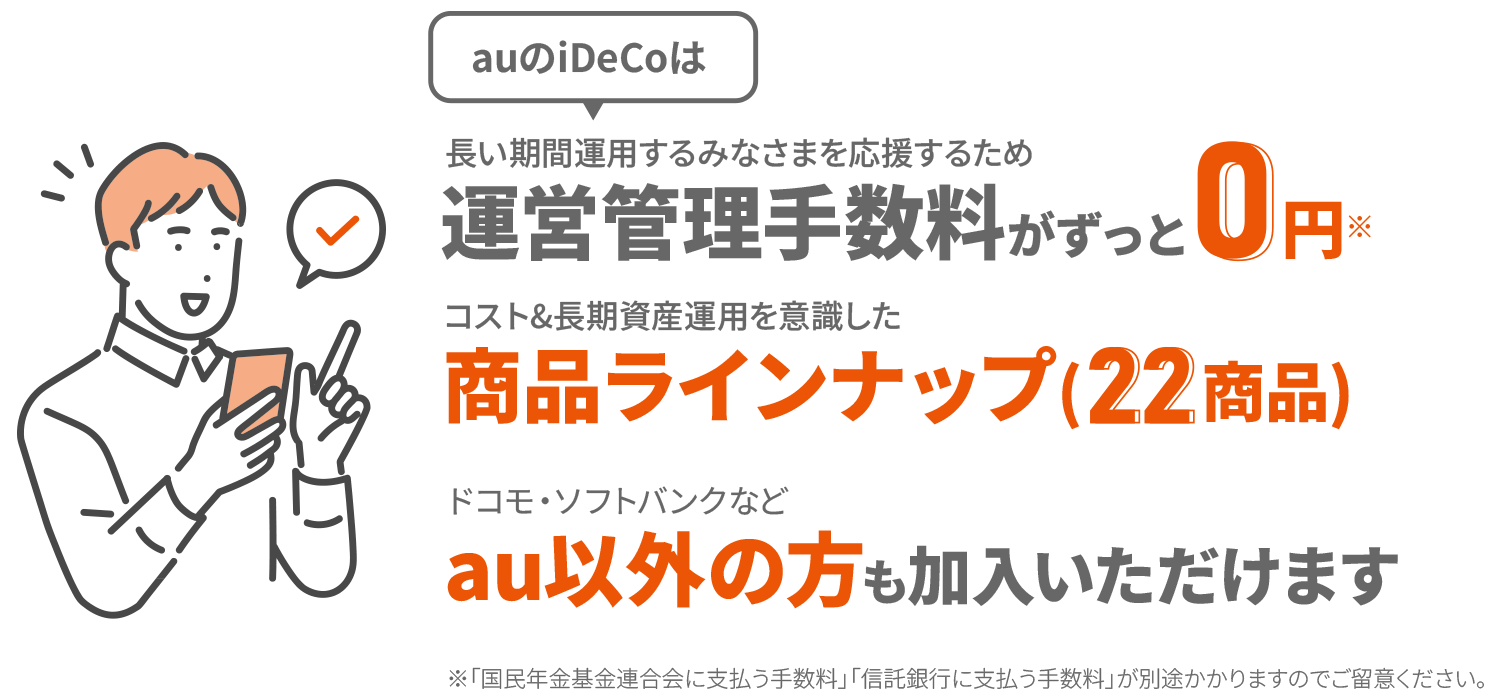 auのiDeCoは運営管理手数料がずっと0円!商品ラインナップ22商品!ドコモ・ソフトバンクなどau以外の方も加入いただけます!